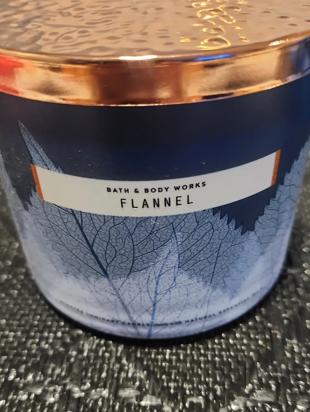 Bath & Body Works Flannel Candle - Navy Blue with Rose Gold Lid